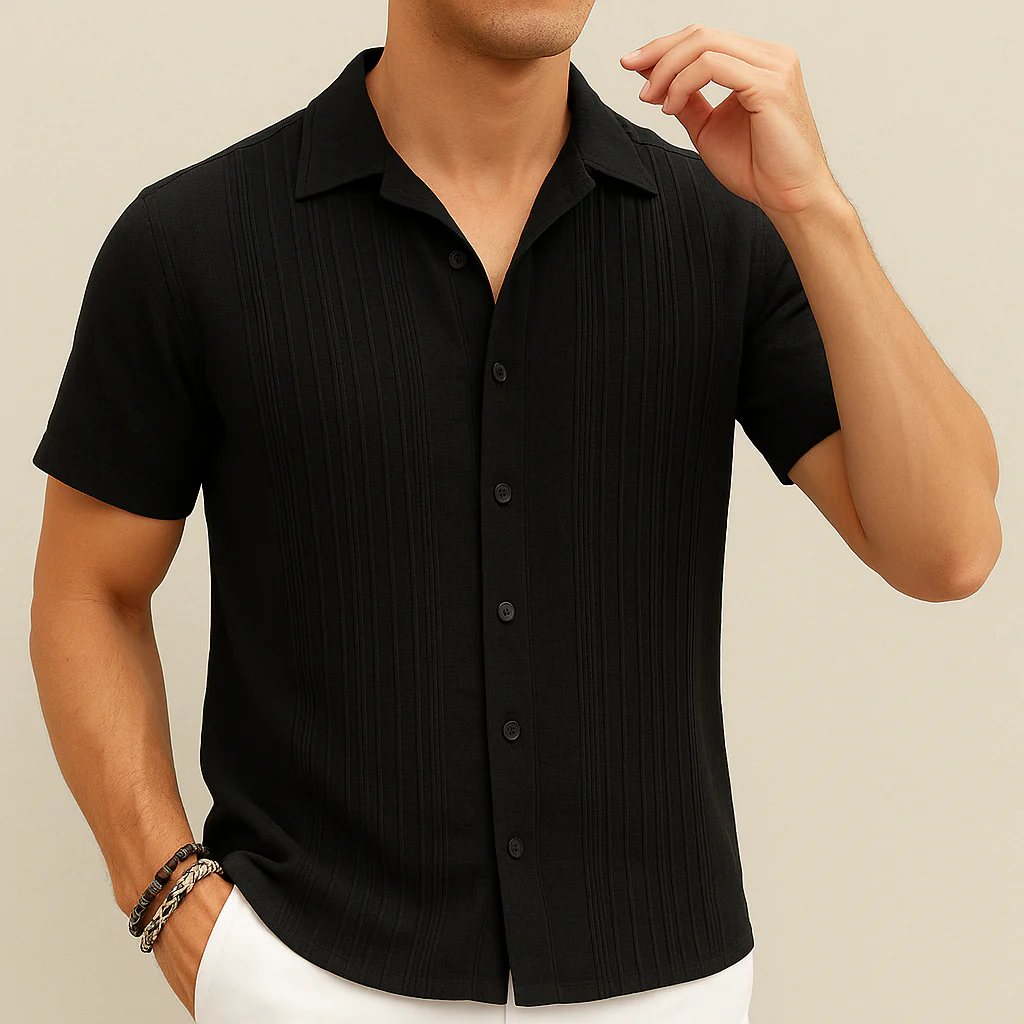 Black Cotton Pleated Beach Shirt - Image 3