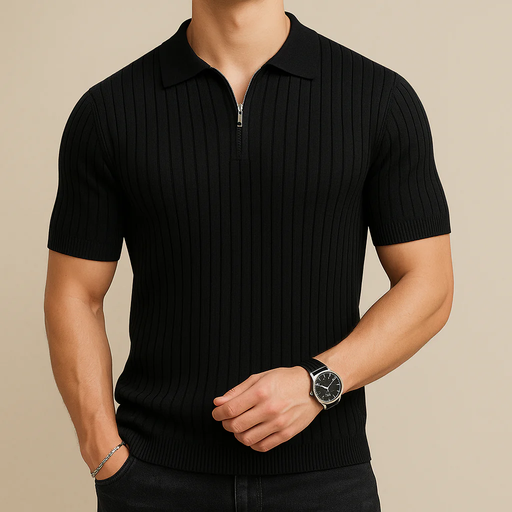 Black Ribbed Zipper Polo Shirt - Image 2