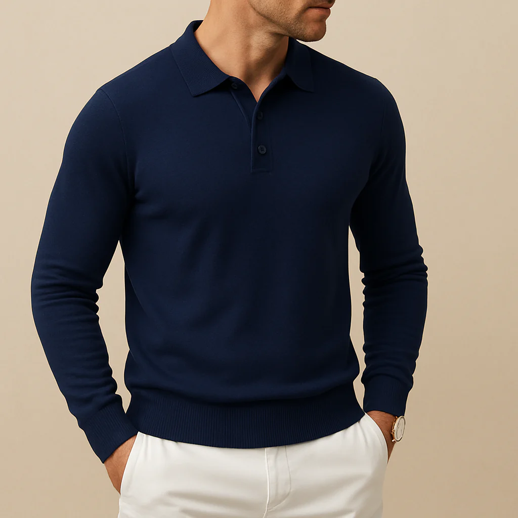 Men’s Soft Knit Long-Sleeve Polo Shirt - Image 3
