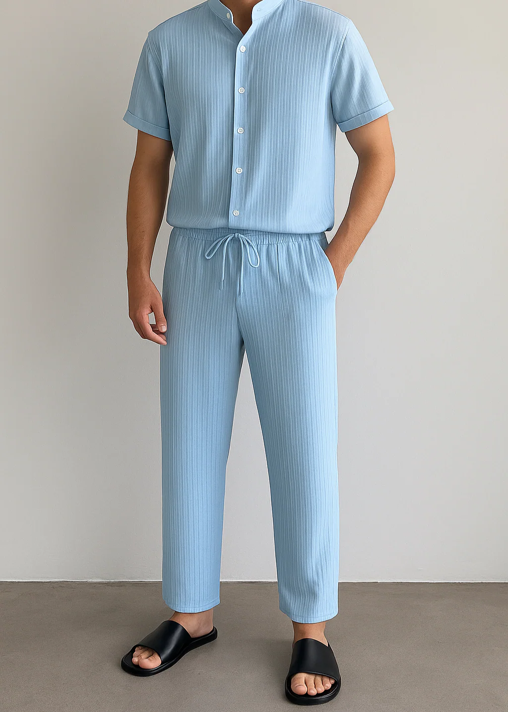 Men’s Summer White Striped Two-Piece Set - Image 2