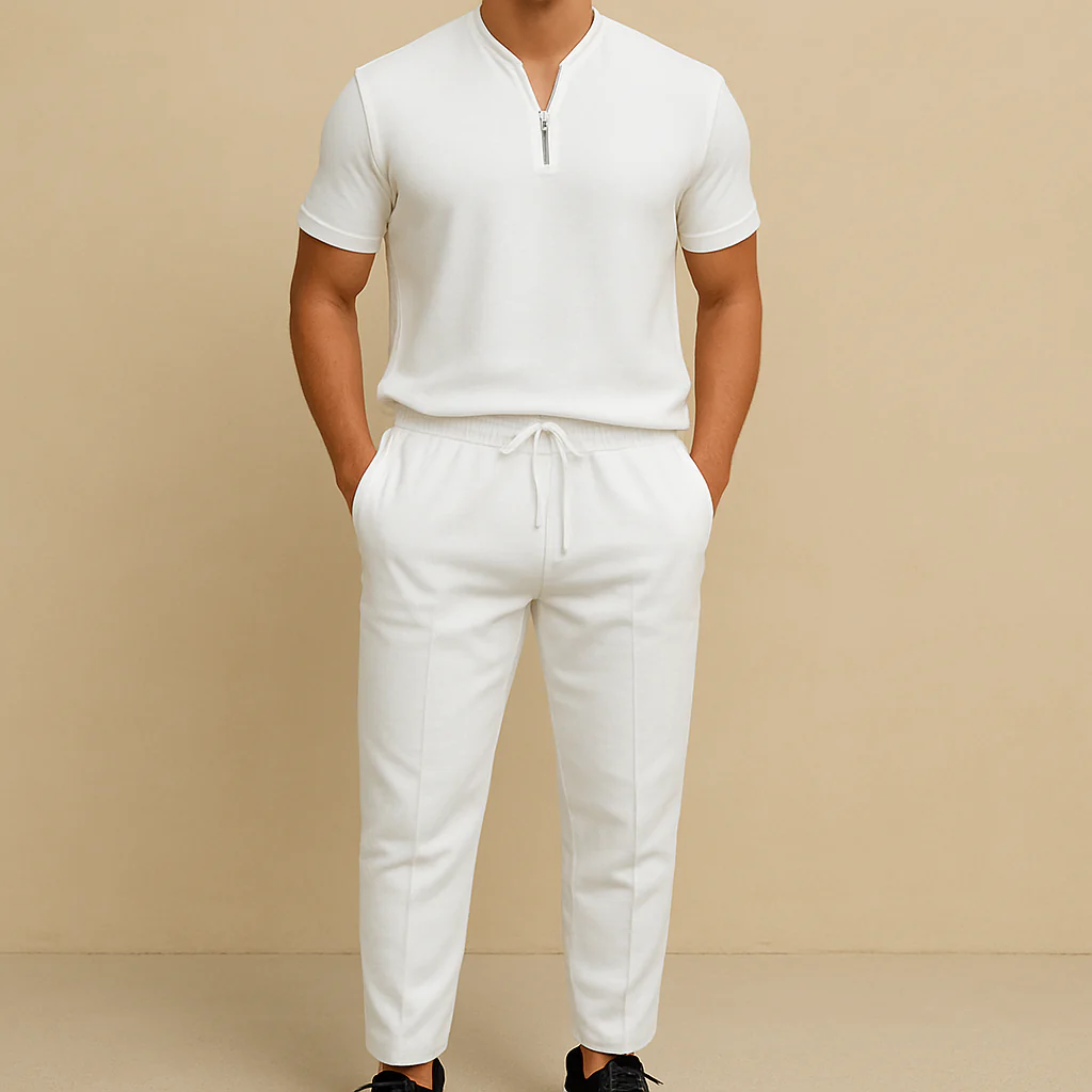 Men's Summer Waffle Collar Zipper Set