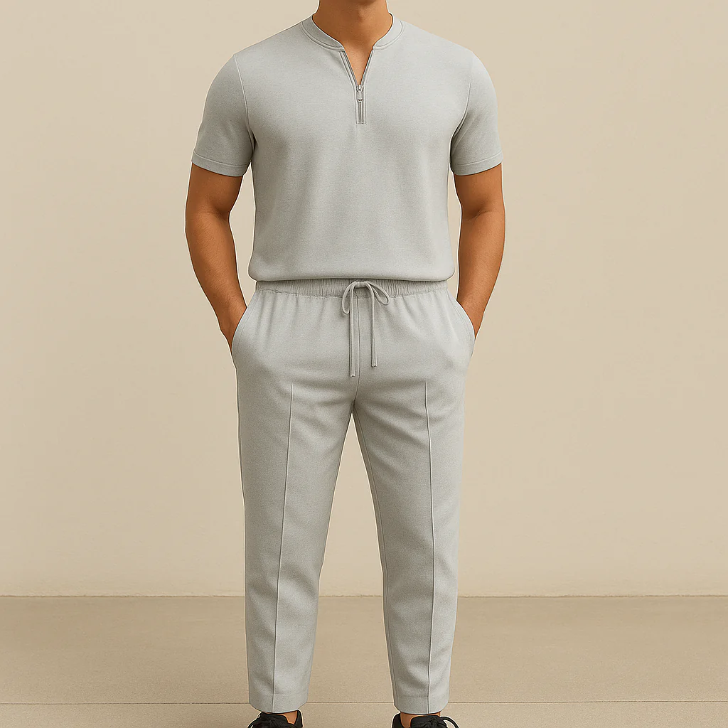 Men's Summer Waffle Collar Zipper Set - Image 2